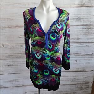Custo Barcelona Tunic Dress Peacock Pattern V-Neck Viscose Sz Small